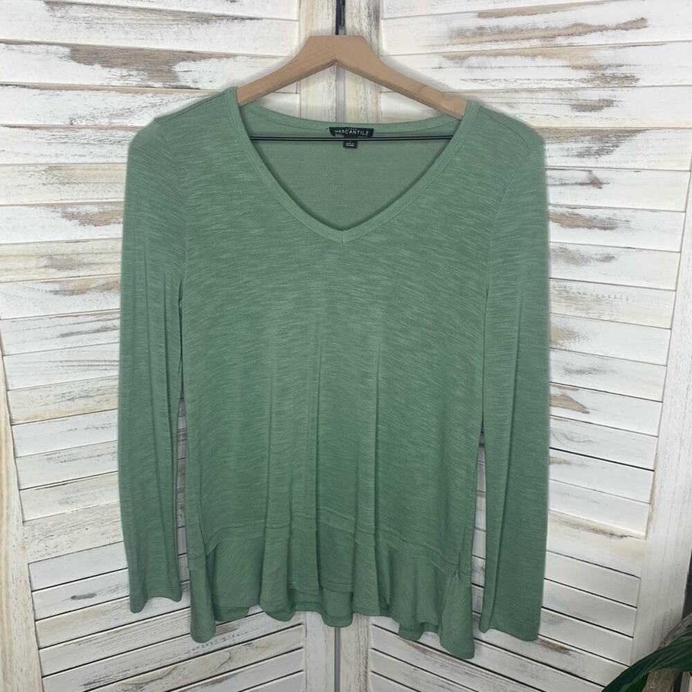 J. CREW MERCANTILE Small V Neck Lightweight Sweater Top Ruffle Hem Light Green - Picture 10 of 11